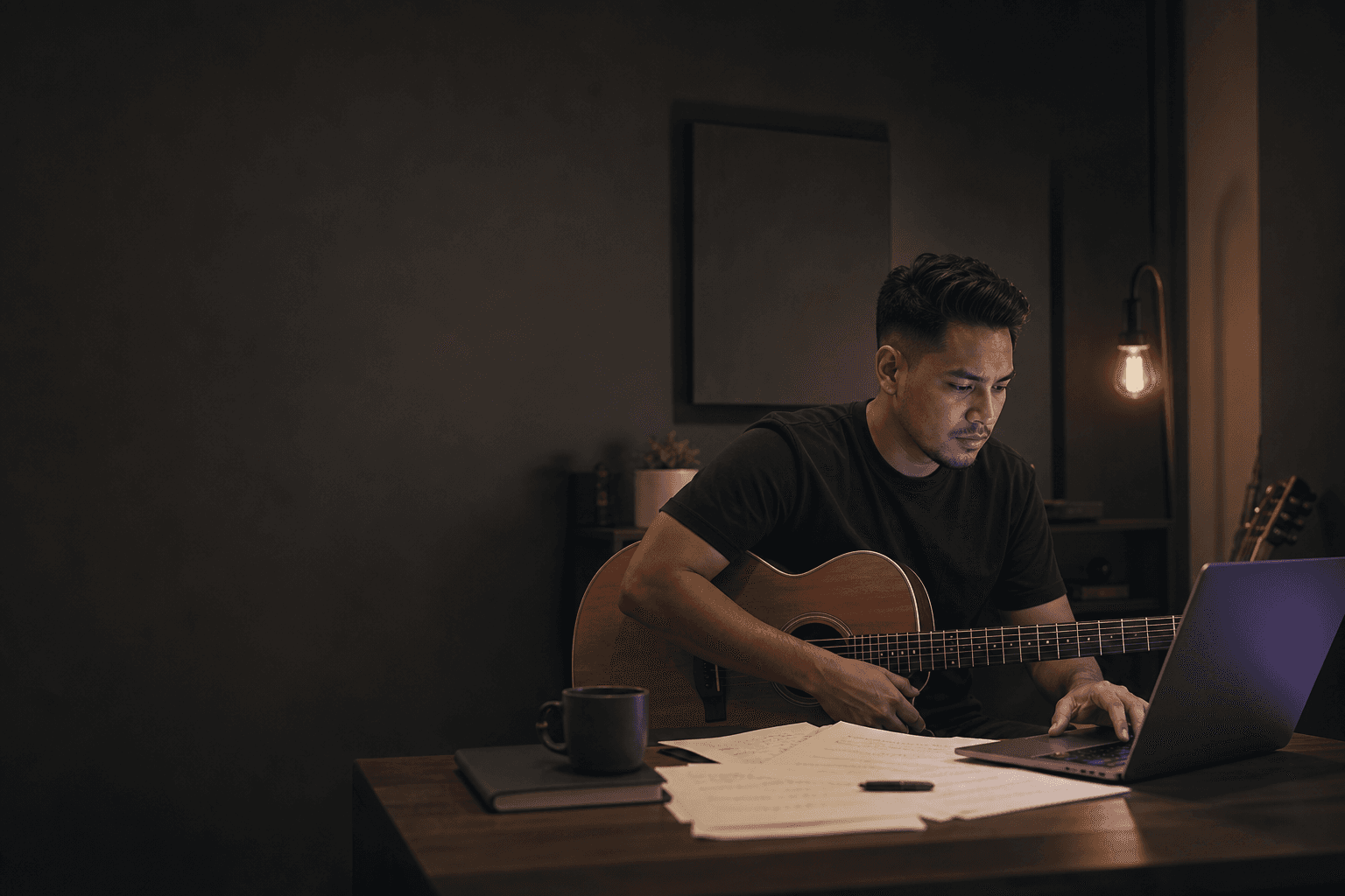 Músico preparando una canción con su guitarra y laptop